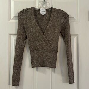 Pink Rose (XS) brown V-Neck wrap sweater with bronze metallic thread.